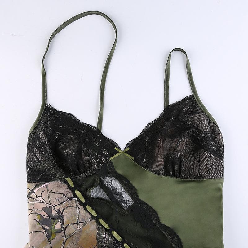 Y2K Woodland Camo & Lace Slip Dress - Olive Green Mini for Fall Nights Out