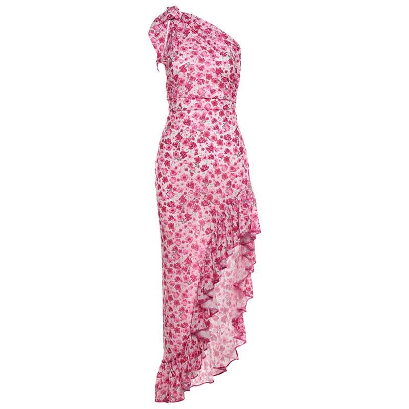 Fall Getaway Chic: Knotted One-Shoulder Floral High-Low Ruffle Maxi Dress