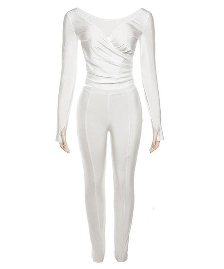 Chic Fall Athleisure: Black Ruched V-Neck Wrap Top & Leggings Set with Thumbholes