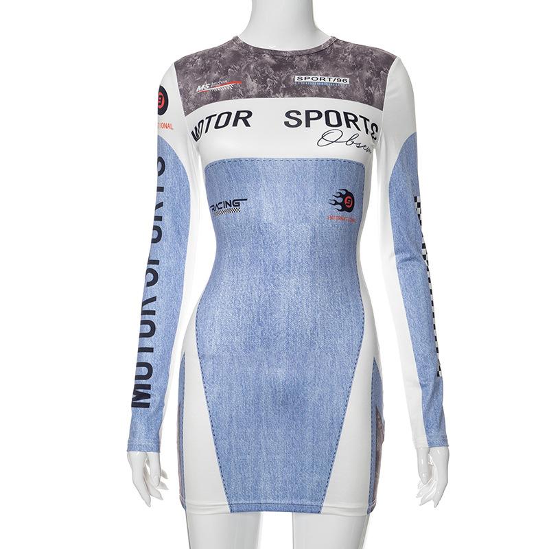 Rev Up Your Fall Style: Edgy Motorsports Denim Print Long Sleeve Bodycon Mini Dress