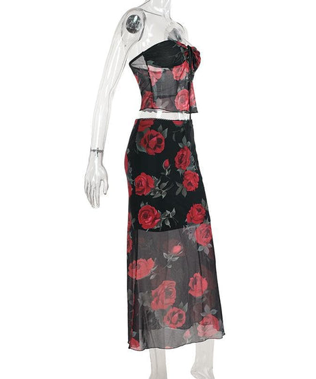Fall Romance Rose Mesh Strapless Maxi Skirt Set | Holiday Glam