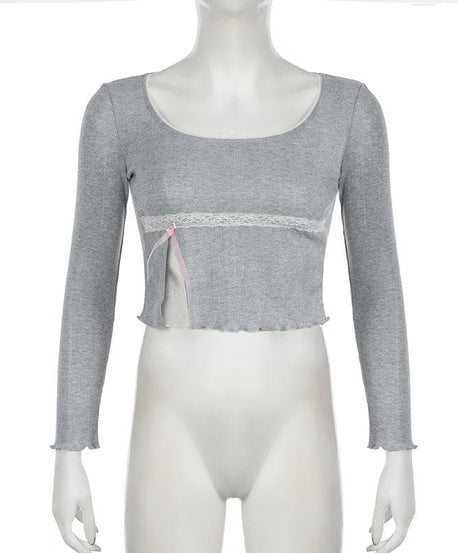Y2K Coquette Ribbed Long Sleeve Crop Top - Autumn Lace Trim & Bow Accent Tee