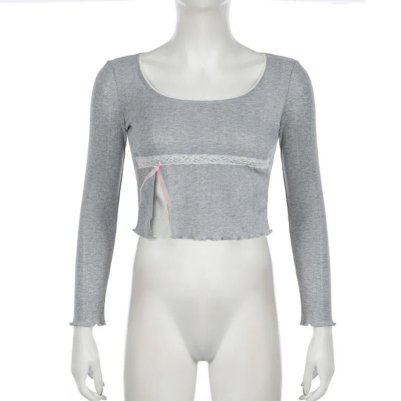 Y2K Coquette Ribbed Long Sleeve Crop Top - Autumn Lace Trim & Bow Accent Tee