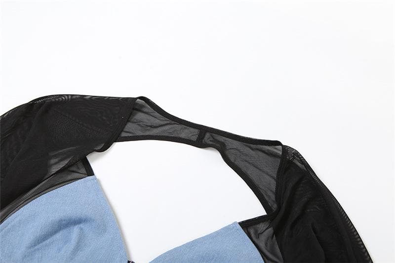 Black Mesh Long Sleeve Crop Top with Built-In Fingerless Gloves | Edgy Fall & Halloween Style