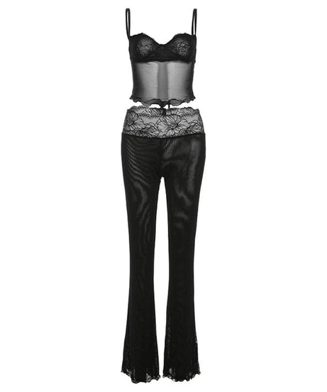 “Sultry Siren” Black Lace Mesh Sweetheart Cami & Flare Pant Set | Halloween & Fall Nights