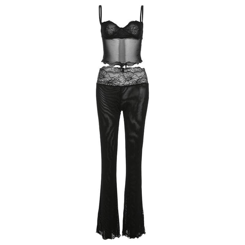 “Sultry Siren” Black Lace Mesh Sweetheart Cami & Flare Pant Set | Halloween & Fall Nights