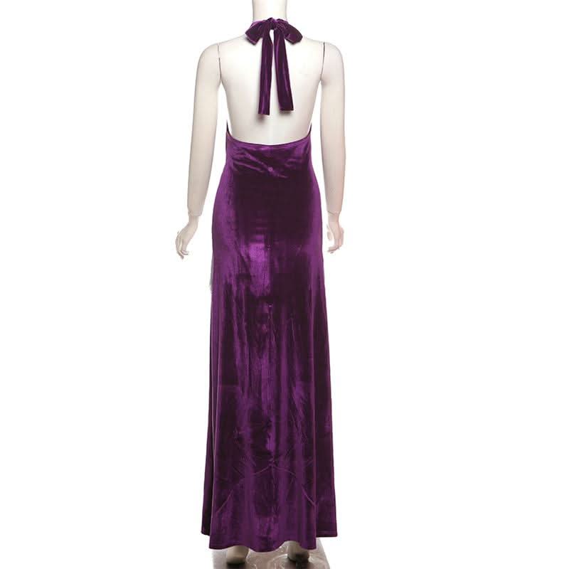 Showstopping Regal Purple Velvet Halter Maxi Dress with Dazzling Fringe | Holiday & New Year's Eve Gala Gown