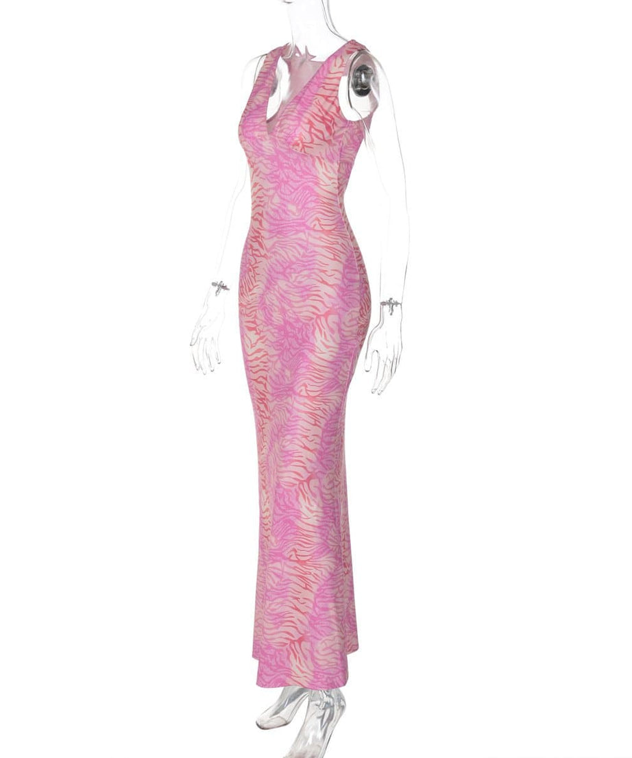 Chic Pink Zebra Maxi Dress - V-Neck Open Back for Fall & Holiday Parties