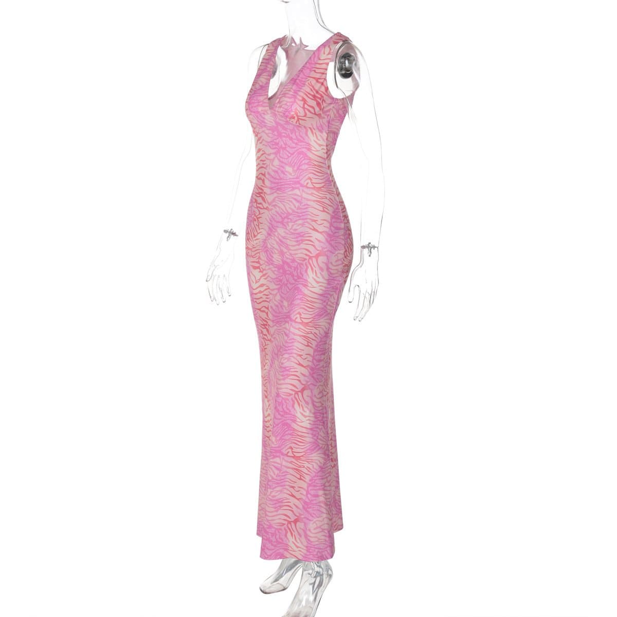 Chic Pink Zebra Maxi Dress - V-Neck Open Back for Fall & Holiday Parties