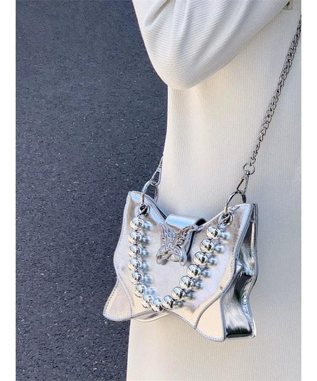 Radiant Silver Butterfly Charm Crossbody – Beaded Y2K Metallic Statement Bag