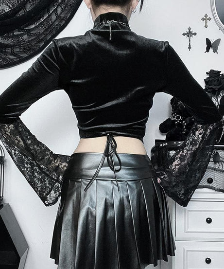 Midnight Enchantress Velvet & Lace Crop Top | High Neck Bell Sleeve Blouse for Fall & Halloween