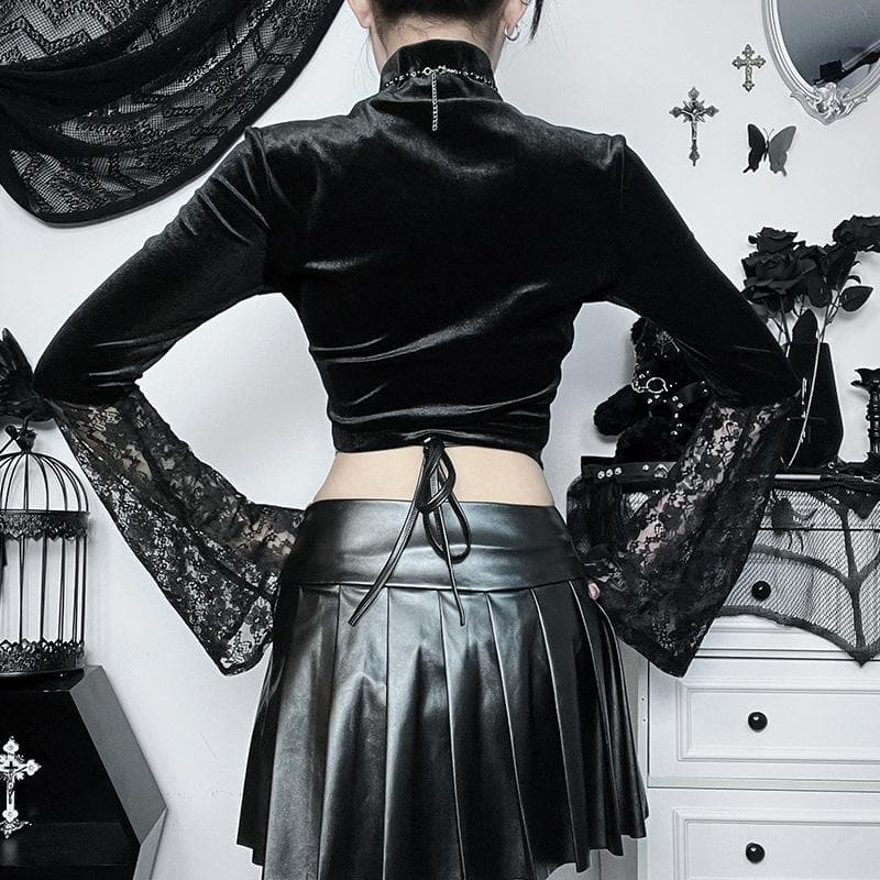 Midnight Enchantress Velvet & Lace Crop Top | High Neck Bell Sleeve Blouse for Fall & Halloween