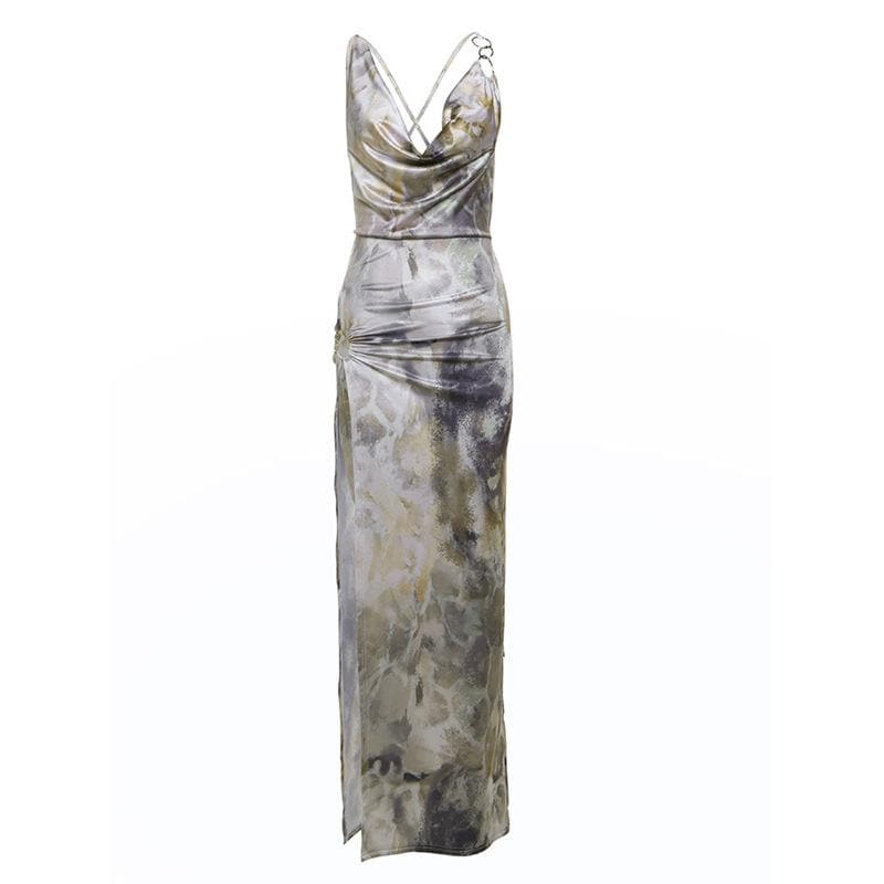 Chic Abstract Satin Cowl Neck Maxi Dress with O-Ring Back & High Slit - Fall & Holiday Party Ready