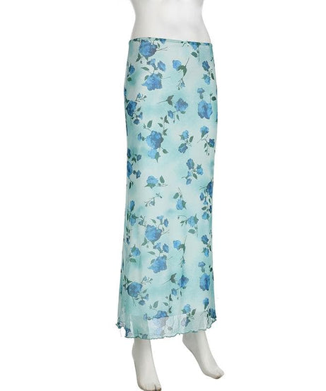Effortless Blue Floral Mesh Maxi Skirt with Bowknot – Y2K Boho Chic for Fall & Holidays