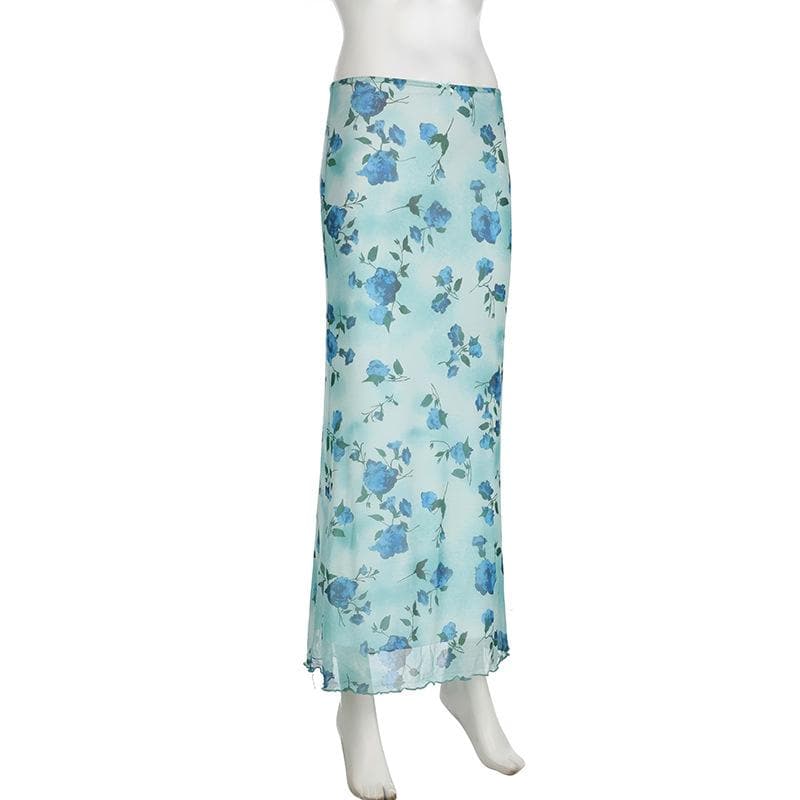 Effortless Blue Floral Mesh Maxi Skirt with Bowknot – Y2K Boho Chic for Fall & Holidays