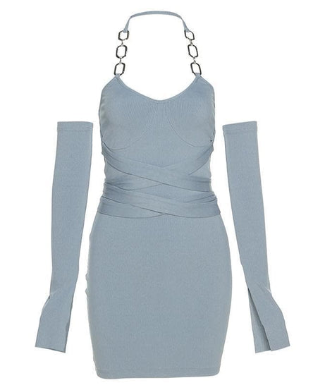 Elevate Your Fall Style: Ribbed Chain Halter Bodycon Mini Dress with Statement Sleeves