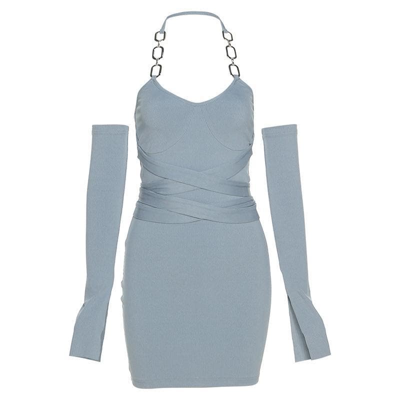 Elevate Your Fall Style: Ribbed Chain Halter Bodycon Mini Dress with Statement Sleeves