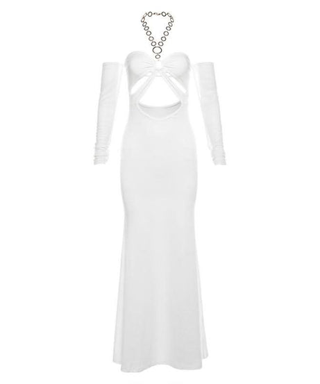 The Ultimate Statement: White O-Ring Cut-Out Maxi Dress with Elegant Long Sleeves – Holiday Galas & NYE Ready