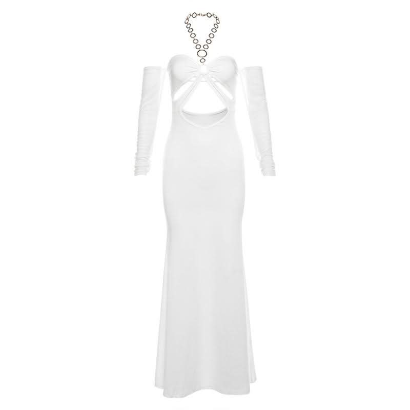 The Ultimate Statement: White O-Ring Cut-Out Maxi Dress with Elegant Long Sleeves – Holiday Galas & NYE Ready