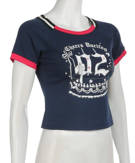 Cheers Darling Sky Blue Graphic Fitted Tee - Y2K Inspired Celebration Top for Fall