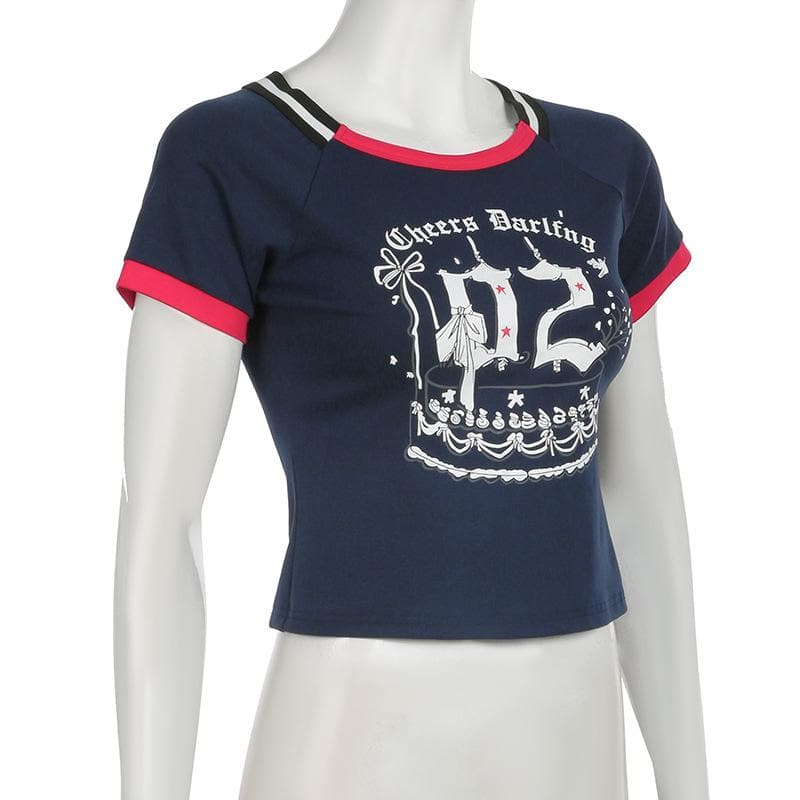 Cheers Darling Sky Blue Graphic Fitted Tee - Y2K Inspired Celebration Top for Fall