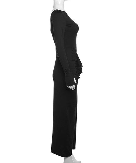Fall & Holiday Chic: Flattering Black Ruched Maxi Dress with Thumbhole Sleeves