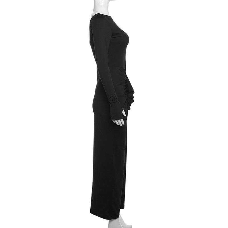 Fall & Holiday Chic: Flattering Black Ruched Maxi Dress with Thumbhole Sleeves