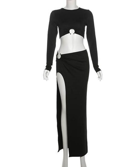 Fall/Holiday Glam: Chic Black Long Sleeve Crop Top & High-Slit Maxi Skirt Two-Piece Set