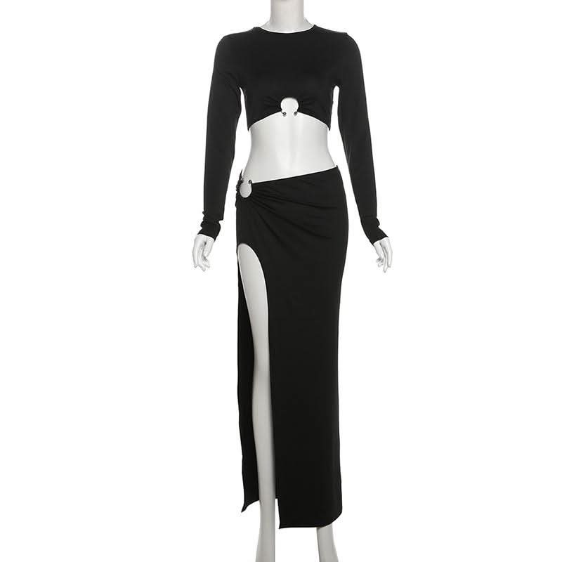 Fall/Holiday Glam: Chic Black Long Sleeve Crop Top & High-Slit Maxi Skirt Two-Piece Set