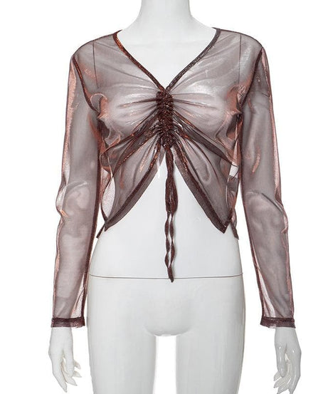 Fall Glam: Shimmer Mesh Ruched V-Neck Top - Long Sleeve Drawstring Party Ready