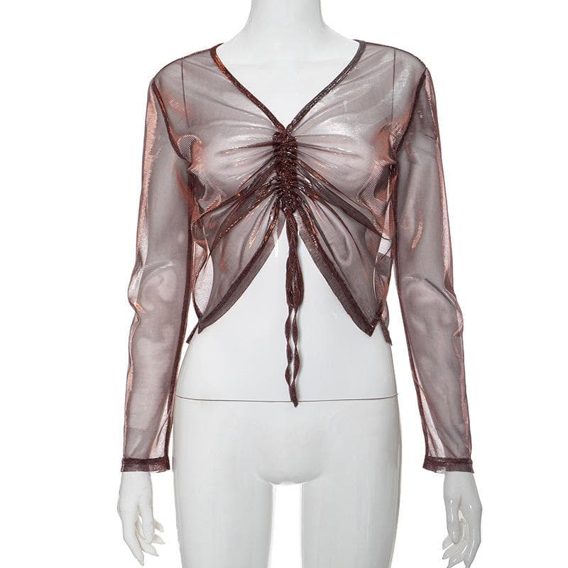 Fall Glam: Shimmer Mesh Ruched V-Neck Top - Long Sleeve Drawstring Party Ready