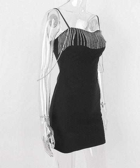 Dazzling Chain Tassel Sweetheart Mini Dress - Black Bodycon Party & Holiday Glam