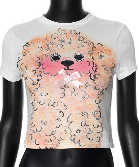 Y2K Adorable Poodle Crop Top with Pink Bow Detail – Cozy & Trendy Fall Fashion Tee