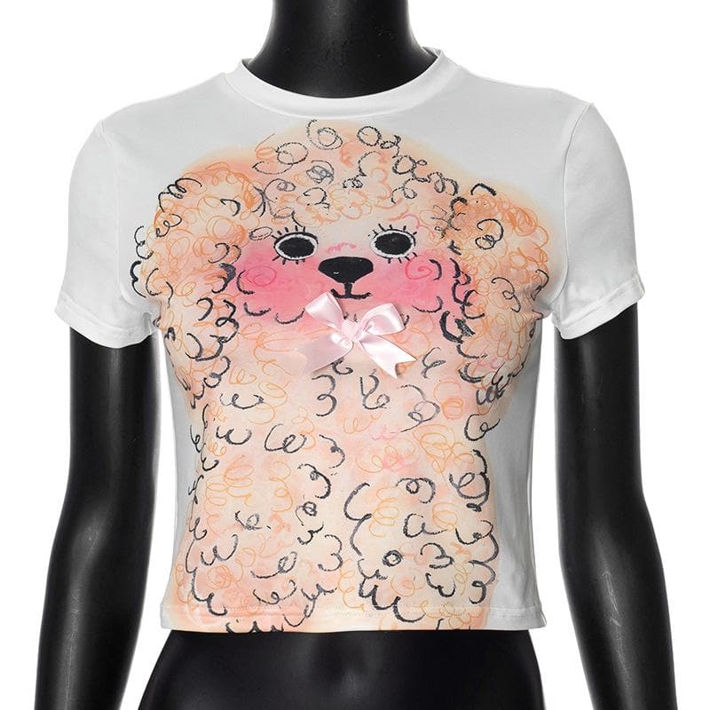 Y2K Adorable Poodle Crop Top with Pink Bow Detail – Cozy & Trendy Fall Fashion Tee