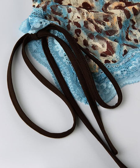 Edgy Blue Leopard Lace Cami Top - Y2K Ruched Spaghetti Strap for Fall Style
