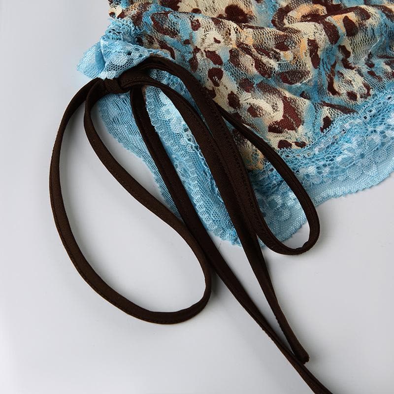 Edgy Blue Leopard Lace Cami Top - Y2K Ruched Spaghetti Strap for Fall Style
