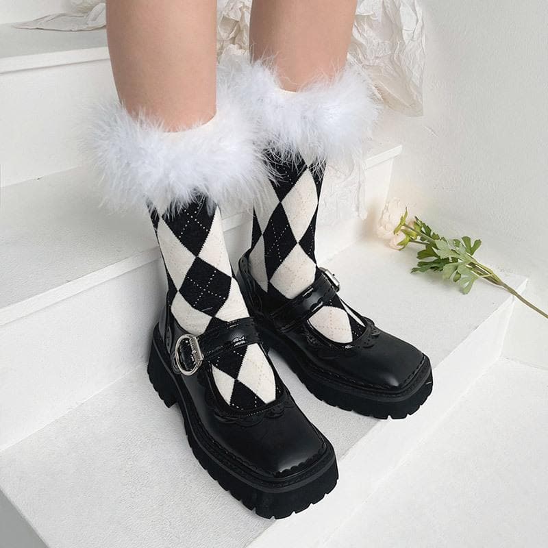 Cozy Fall Argyle & Faux Fur Statement Socks for Women