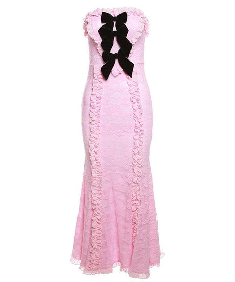 Romantic Blush Pink Lace Mermaid Maxi Dress with Chic Velvet Bow - Your Statement Piece for Fall & Holiday Events