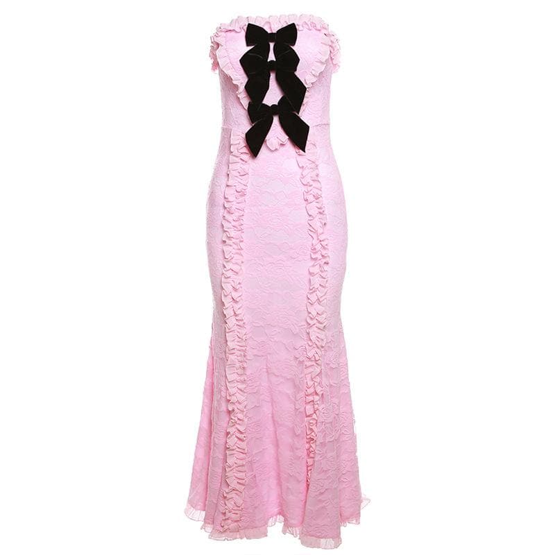 Romantic Blush Pink Lace Mermaid Maxi Dress with Chic Velvet Bow - Your Statement Piece for Fall & Holiday Events