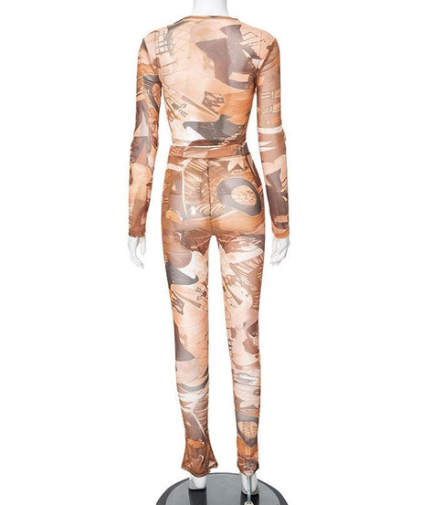 Fall Femme Fatale: Abstract Art Mesh Crop Top & Flared Leggings Set - Trendy 2-Piece Co-Ord