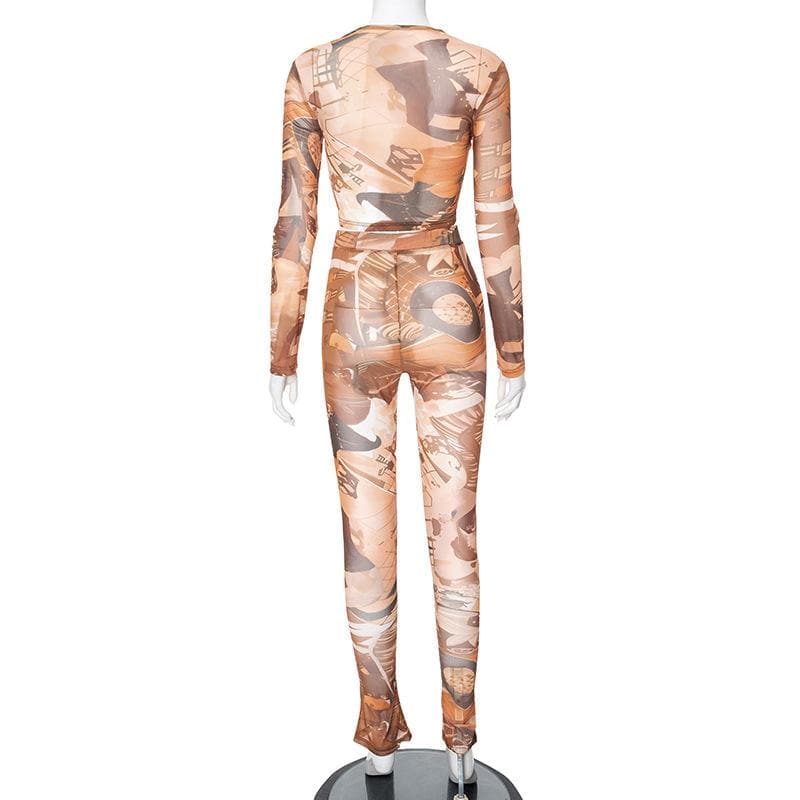 Fall Femme Fatale: Abstract Art Mesh Crop Top & Flared Leggings Set - Trendy 2-Piece Co-Ord