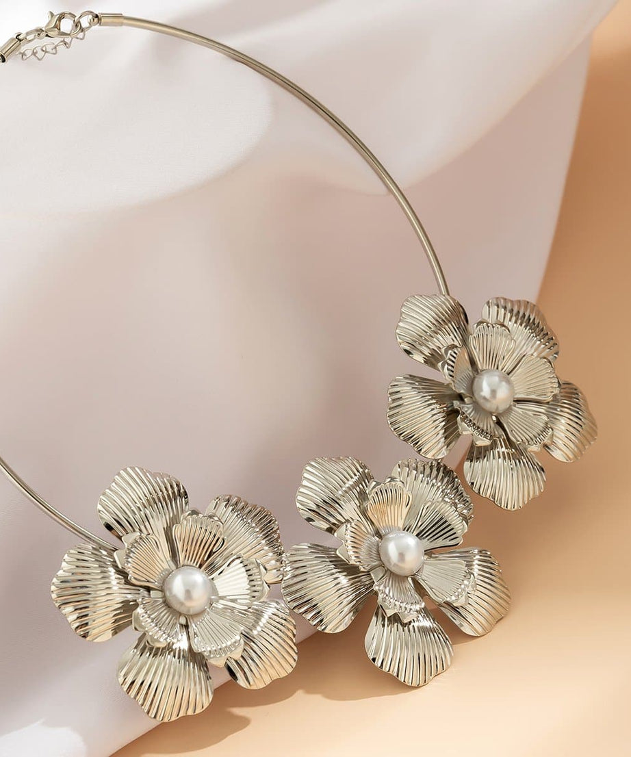 Statement Silver Blossom Choker Necklace with Pearl - Perfect for Fall & Holiday Style