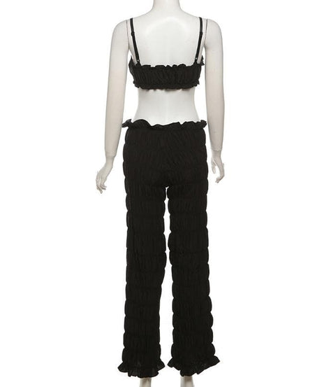 Effortless Fall Chic: Textured Smocked Crop Top & Low-Rise Pant Set for Women