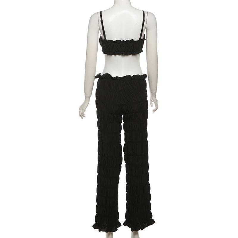 Effortless Fall Chic: Textured Smocked Crop Top & Low-Rise Pant Set for Women