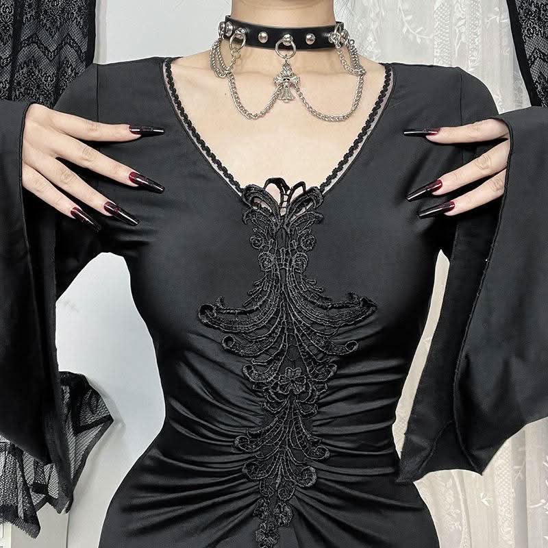 Enchanted Bell Sleeve Black Maxi Dress | Gothic V-Neck Embroidery for Fall & Halloween
