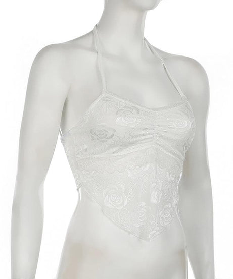 Enchanting White Rose Lace Halter Crop Top - Y2K Romantic Style for Fall & Halloween