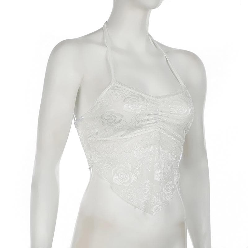 Enchanting White Rose Lace Halter Crop Top - Y2K Romantic Style for Fall & Halloween