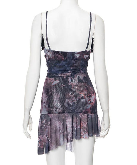 Bewitching Bloom Ruffle Cut-Out Mini Dress | Edgy Fall & Halloween Party Mesh Cami