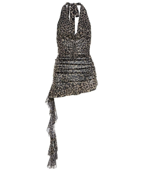 Fierce Fall Nights: Y2K Leopard Print Halter Top with Asymmetrical Ruffle - Backless & Bold