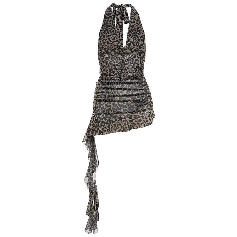Fierce Fall Nights: Y2K Leopard Print Halter Top with Asymmetrical Ruffle - Backless & Bold